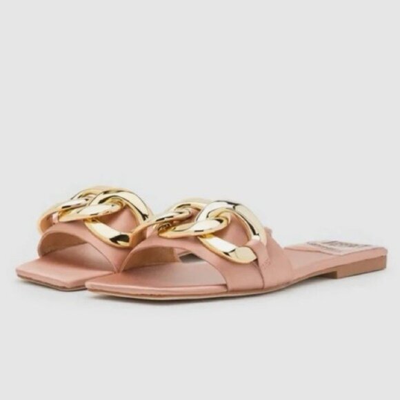 NWB Jeffrey Campbell Women's Danae Chain Flat Sandals Rose Gold Satin Size 5.5M - Picture 5 of 16
